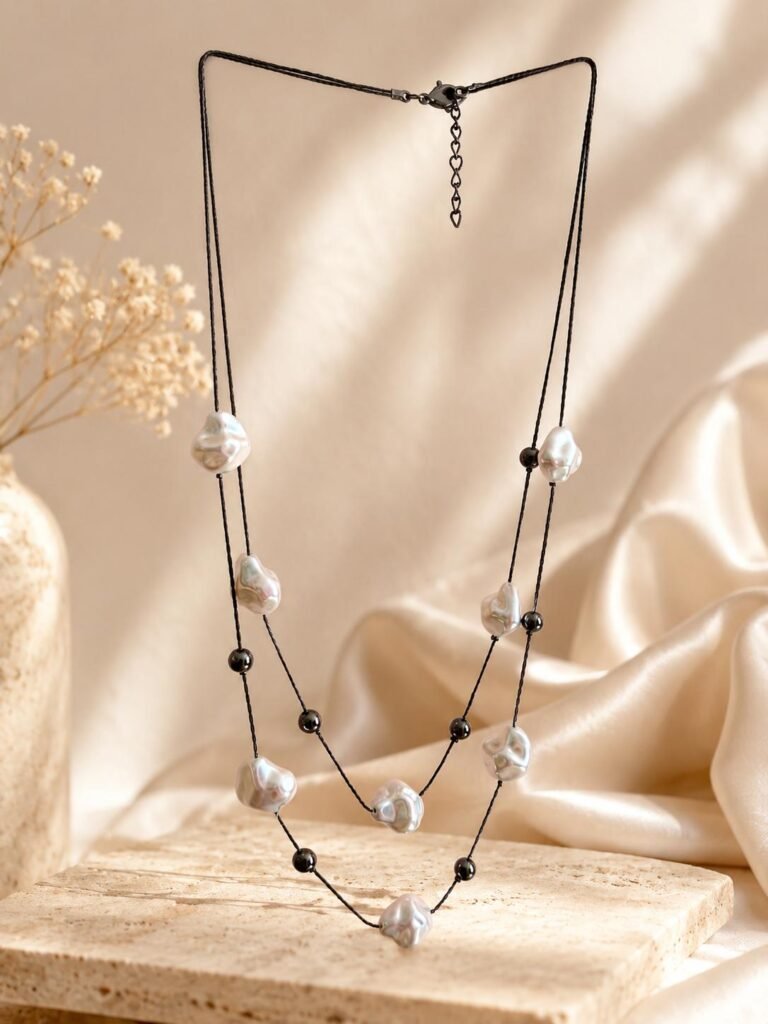 White and black beaded neckchain with black tone bead chain