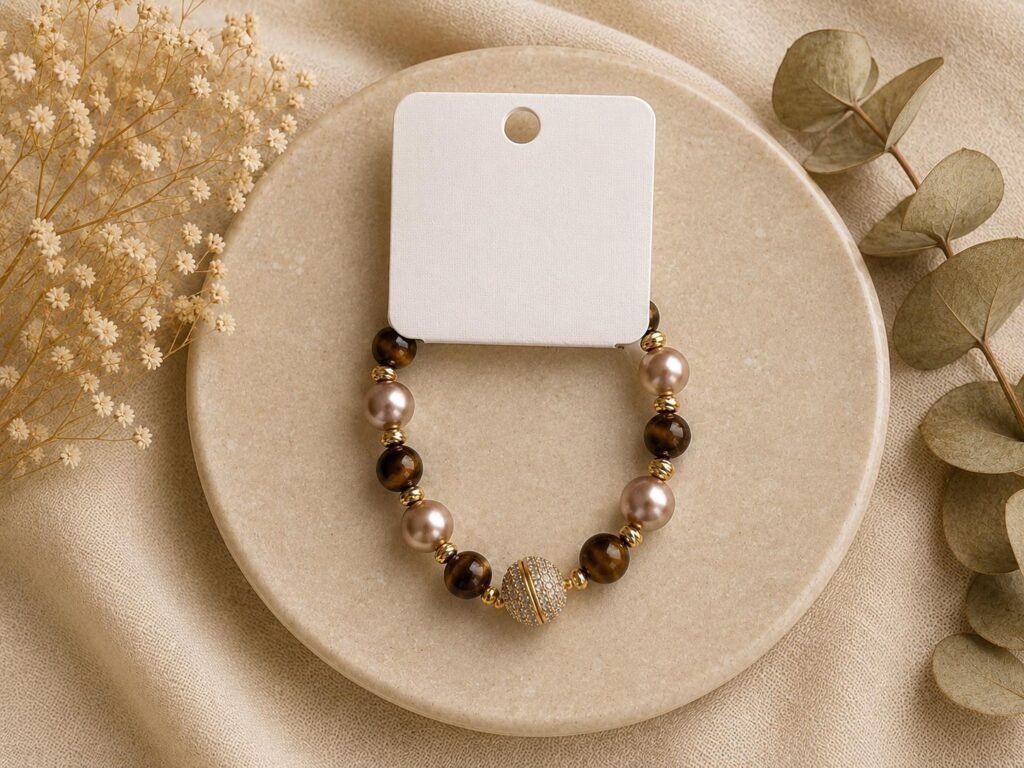 Brown and Sandal Bead with Stone Stretch Bracelet