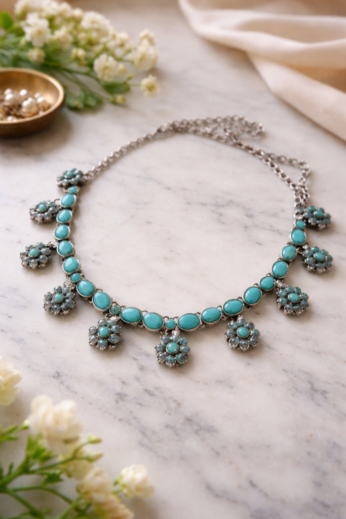 Mint-green beaded necklace with earrings