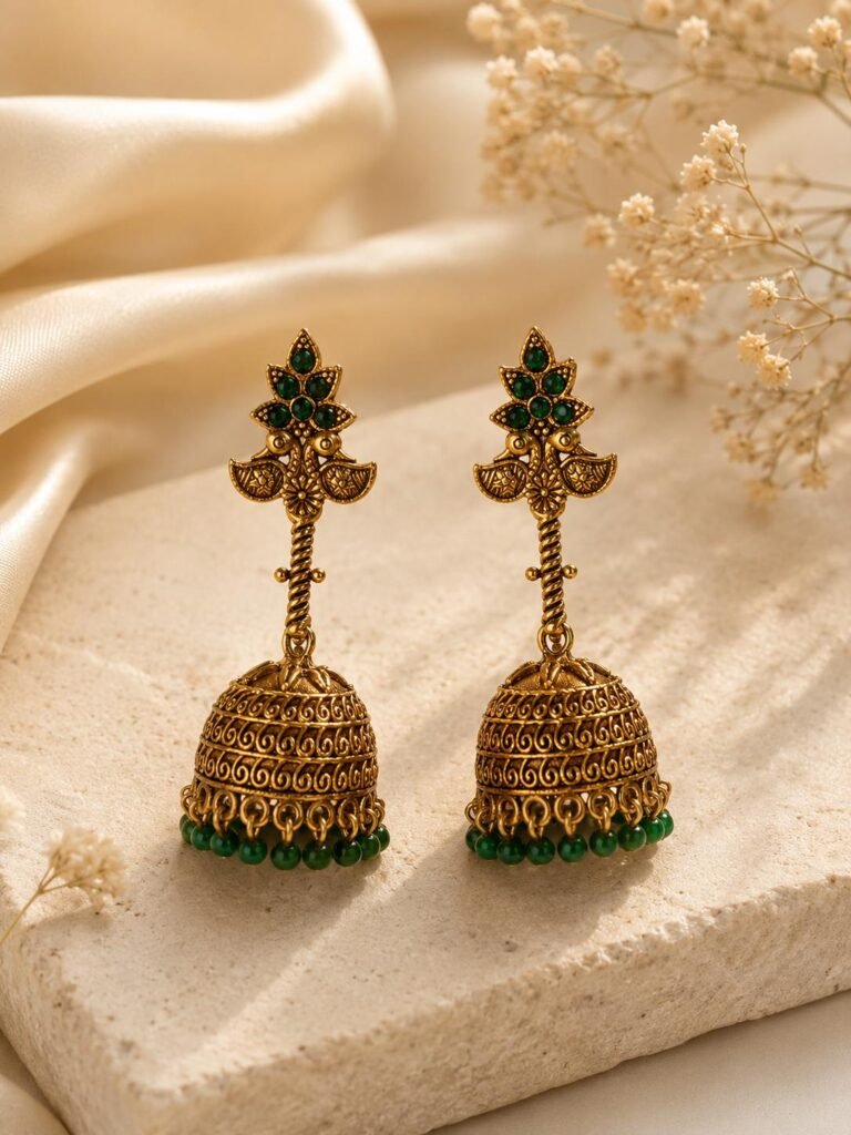 Duck Head Bead with Stone Jhumka Earrings Green