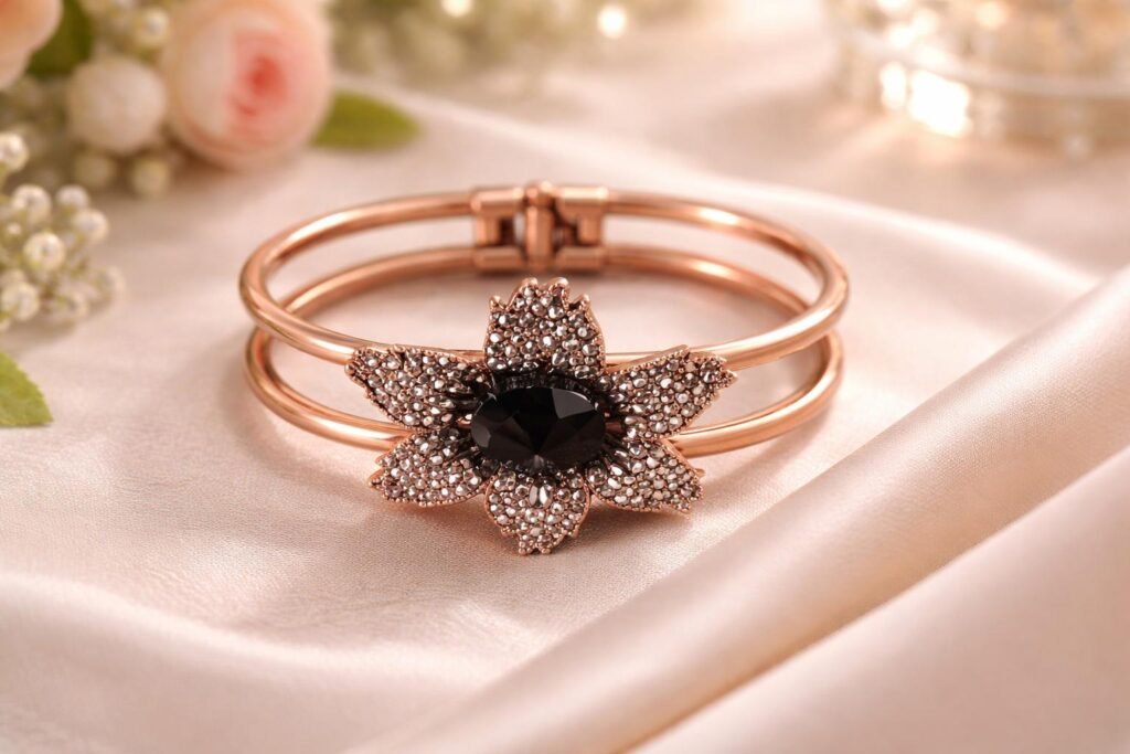 Small rose-gold tone white with black flower cuff Bangle