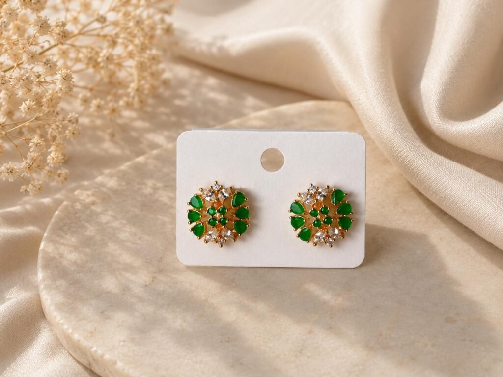 Emerald Green Floral Crystal Stud Earrings