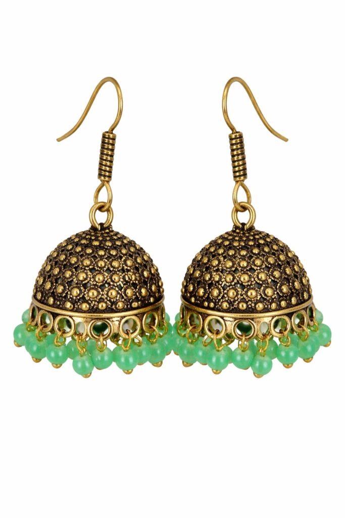 Gold-tone shaped earrings with filigree body and green beads