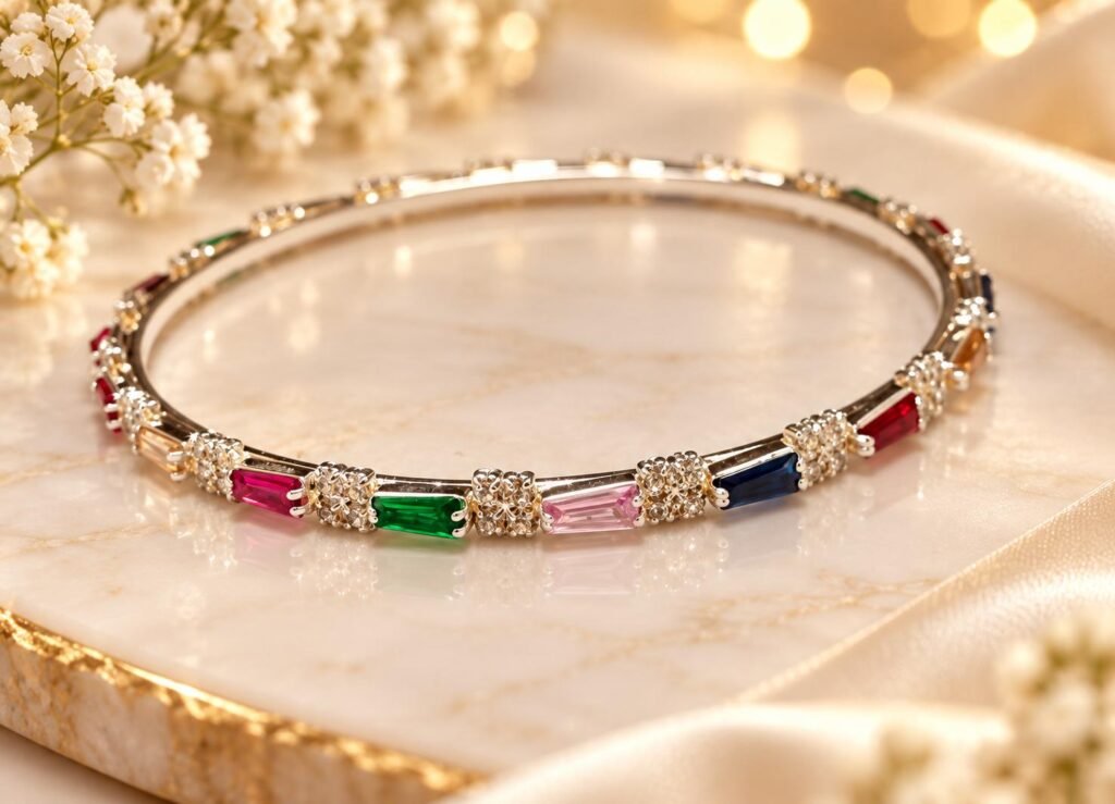 Silver-tone bangle with multicolour rectangular stones
