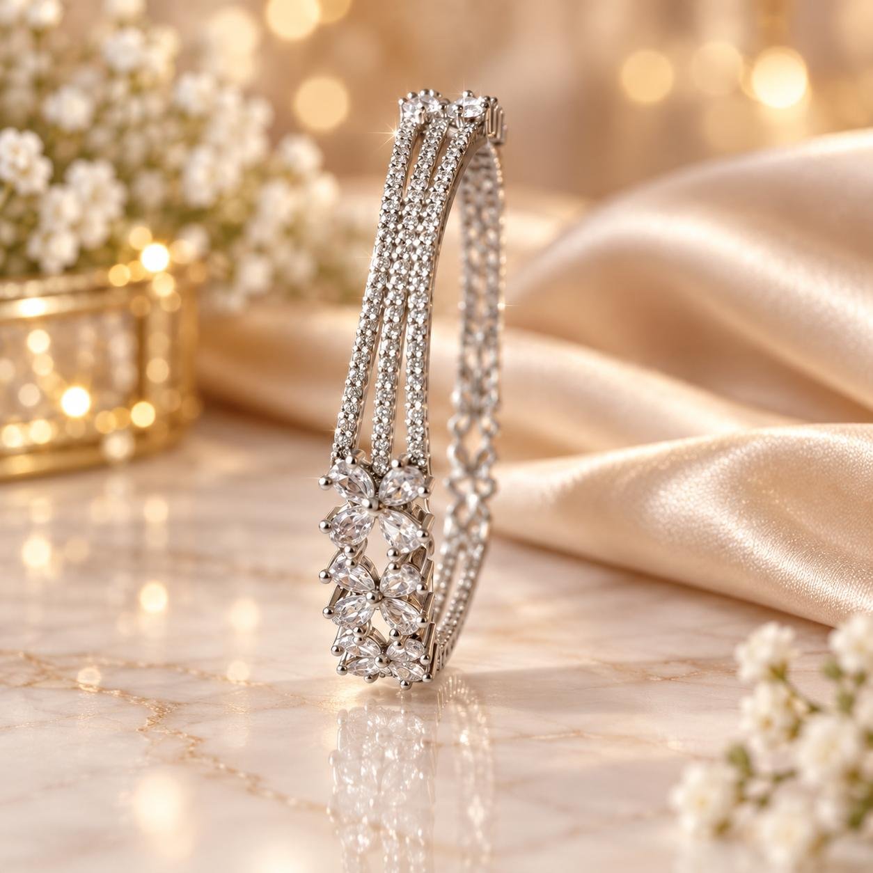 Luminous Crystal Floral Bangle with white stones