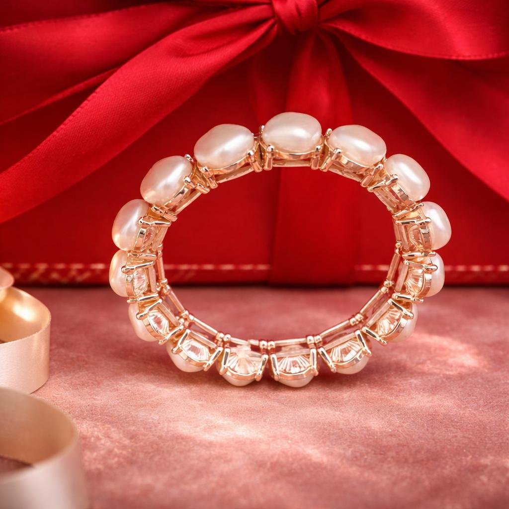 Gold tone bracelet with square white beads