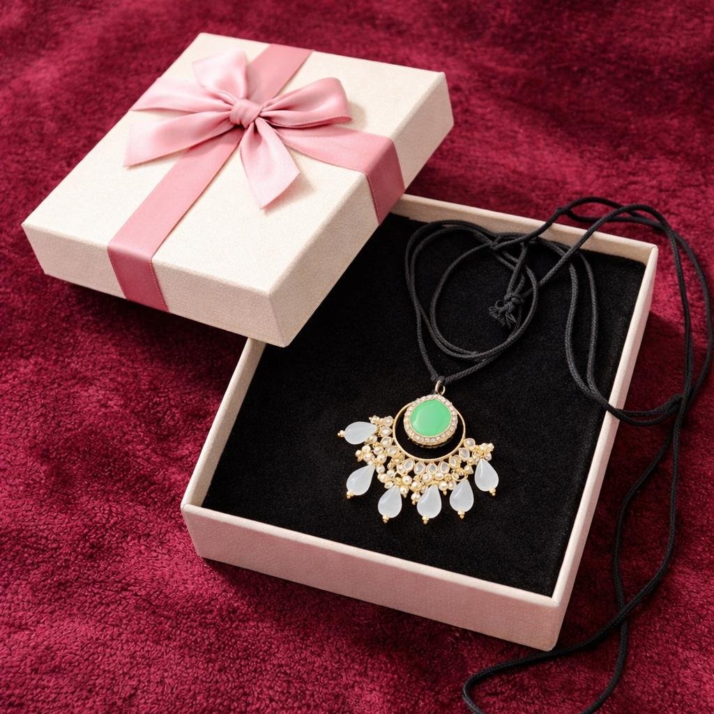Black cord thread chain with turquoise green and white stone pendent