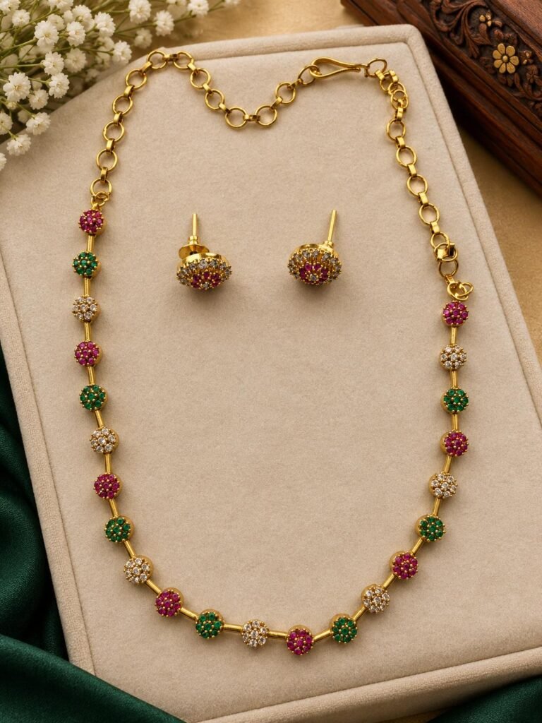 Pink ,White and Green Necklace Set with Earrings