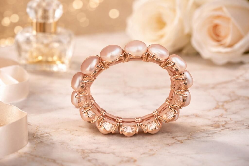 Gold-tone bracelet with big white round beads