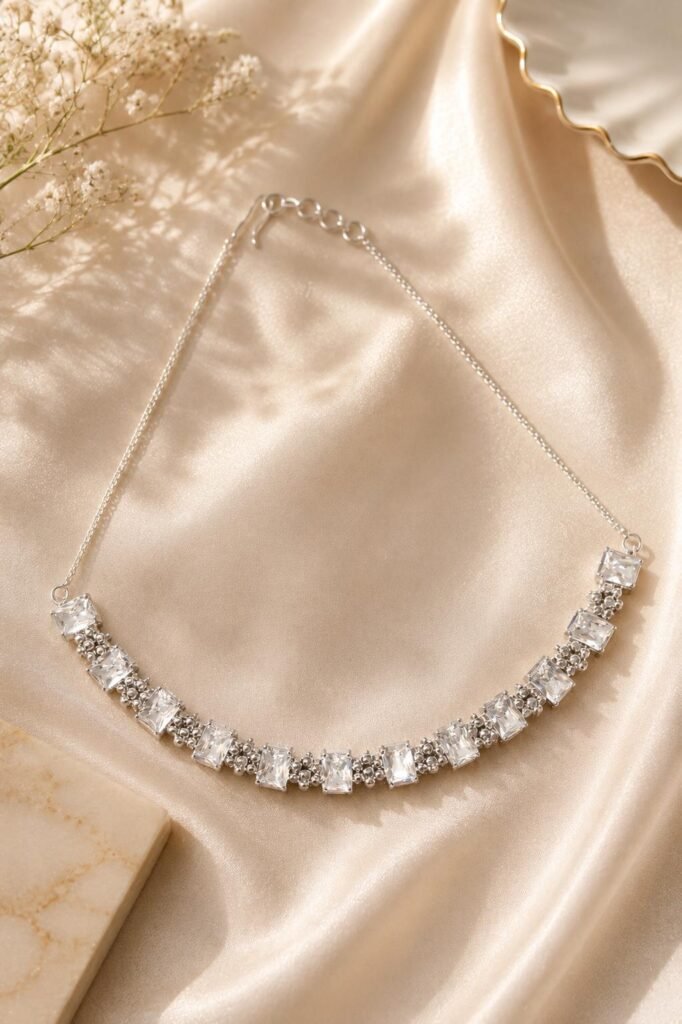 Silver-tone adjustable necklace with square white stones