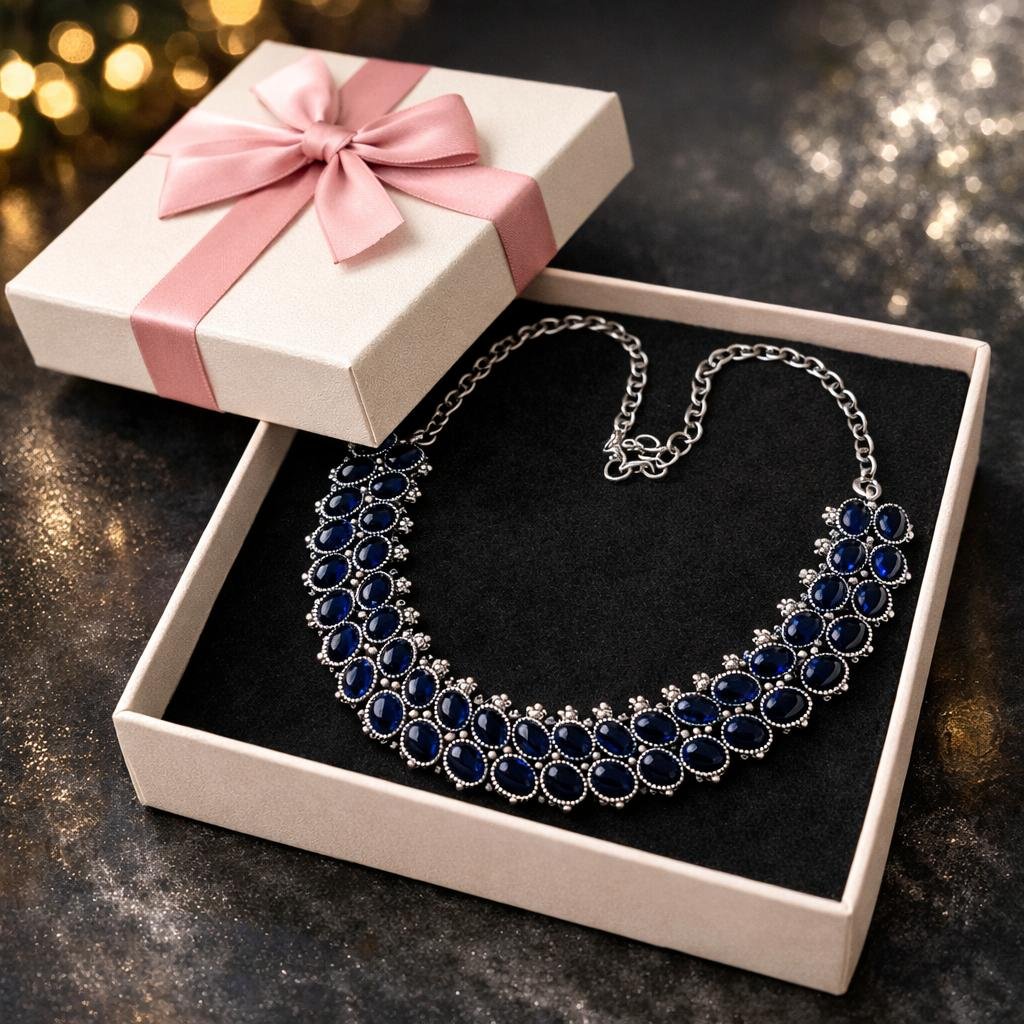 Blue-stone necklace with silver tone chain
