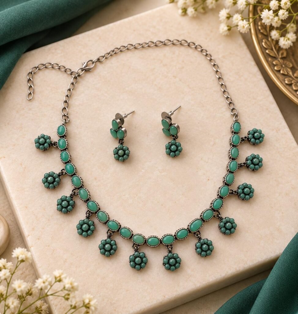 Mint-green stone necklace with earrings