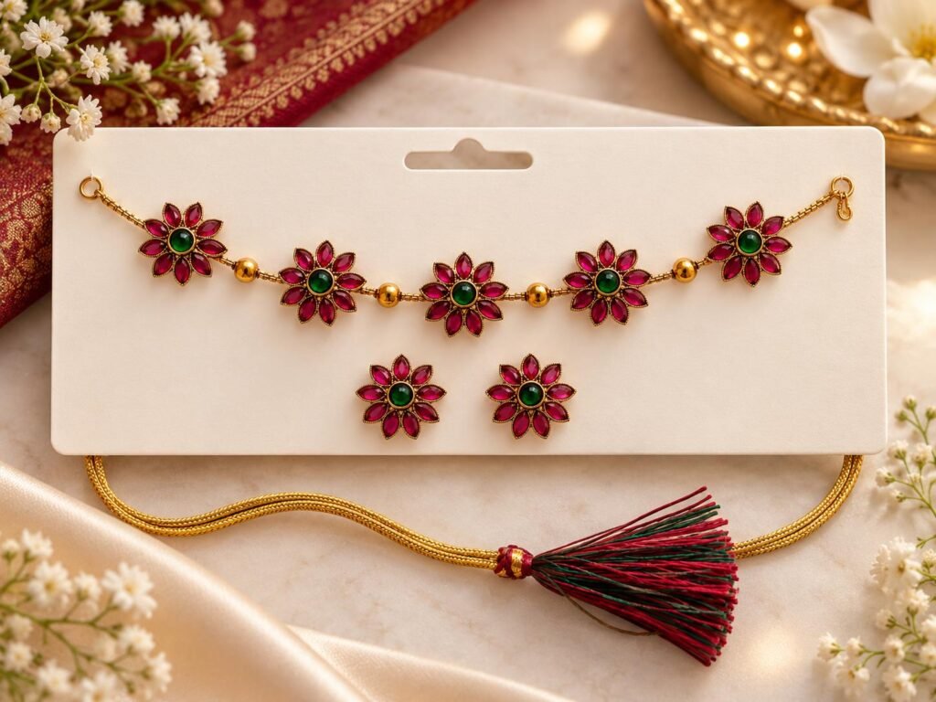 Gold-tone necklace set with pink and green flower charms and matching earrings
