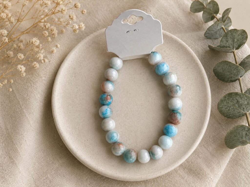 Sky Blue & White Beaded Stretch Bracelet